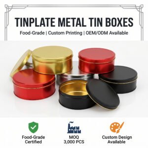 Premium Round Tinplate Metal Boxes with Slip-on Lids - Food-Grade Decorative Tins for Biscuits, Tea, and Luxury Gift Packaging